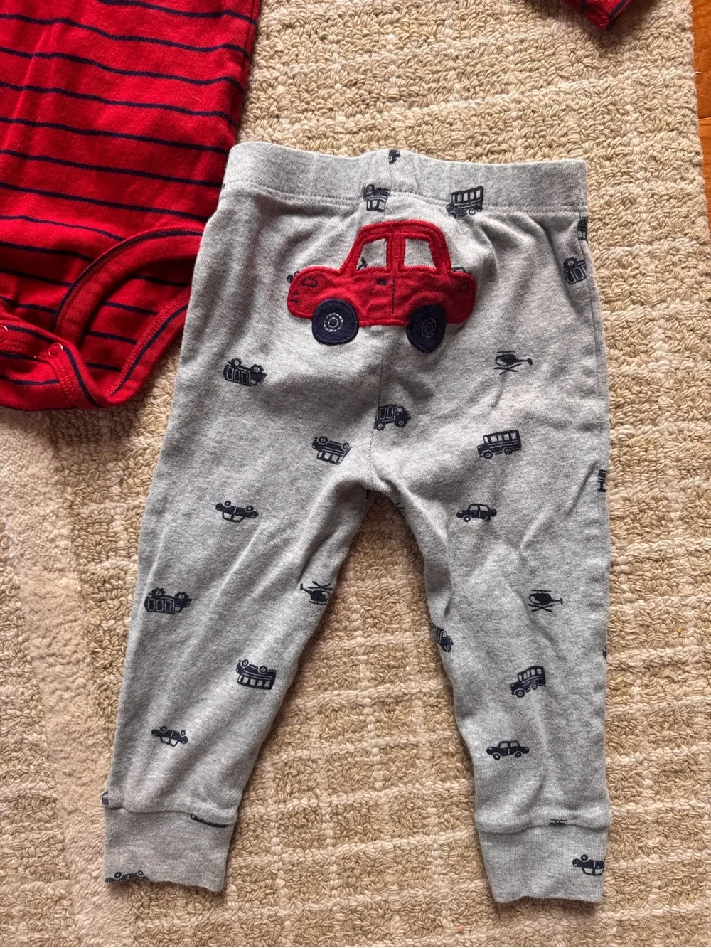 Carter's Red and Navy Striped Long-Sleeve Bodysuit with Gray Car Print Pants